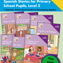 9781783173754-Luis-y-Sofia-Level-2-stories Book cover for Luis y Sofía Spanish stories for primary school pupils, Level 2, 7 specially written short stories for developing readers. Shows the stories included: Tengo un gato, A Luis le encantan las serpientes, El domingo es mi cumpleaños, Treinta y un invitados, ¿Cuándo es tu cumpleaños? Me duele, ¿Dónde está mi estuche? With free audio downloads.