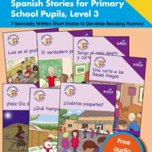9781783173761-Luis-y-Sofia-Level-3-stories Book cover for Luis y Sofía Spanish stories for primary school pupils, Level 3, 7 specially written short stories to develop reading fluency. Shows the stories included: Luis es el profesor, El verdadero profesor, Tengo el pelo negro y corto, Una carta a los Reyes Magos, Feliz Día de los Reyes, ¿Qué tiempo hace? ¿Cuántos paquetes? With free audio downloads.