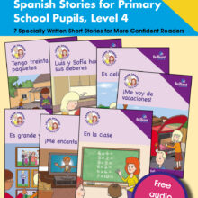 9781783173778-Luis-y-Sofia-Level-4-stories Book cover for Luis y Sofía Spanish stories for primary school pupils, Level 4, 7 specially written short stories for more confident readers. Shows the stories included: Tengo treinta y dos paquetes, Luis y Sofía hacen sus deberes, Es delicioso, Me voy de vacaciones, En la clase, Me encanta el fútbol, Es grande y gordo. With free audio downloads.