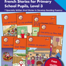 Book cover for Luc et Sophie French stories for primary school pupils, Level 3, 7 specially written short stories to develop reading fluency. Shows the stories included: Luc est le professeur, Le vrai professeur, J'ai les cheveux noirs et longs, Une lettre au Père Noël, Joyeux Noël, Quel temps fait-il ?, Combien de paquets ? With free audio downloads.