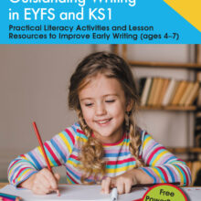 Outstanding Writing in EYFS and KS1 front cover. Young girl in pretty striped top holding pencil and writing