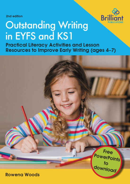Outstanding Writing in EYFS and KS1 front cover. Young girl in pretty striped top holding pencil and writing